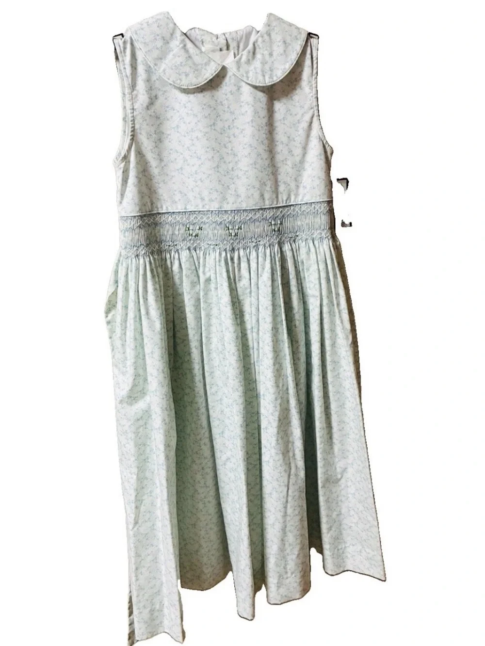 Vintage NWT Girls Size 10  Floral Dress White/blue  Sleeveless Embroidered Waste